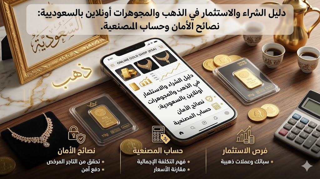 دليل الشراء والاستثمار في الذهب والمجوهرات أونلاين بالسعودية: نصائح الأمان وحساب المصنعية.